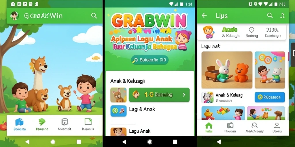 Antarmuka aplikasi GRABWIN menampilkan lagu anak yang menarik dan interaktif.